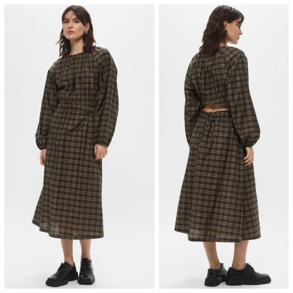 H&M Khaki Black Plaid Check Print Puff Long Sleeve Cut Out Back Midi Dress - Picture 1 of 5